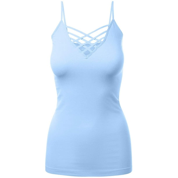 Womens Lattice Front Seamless Cami Bra Strap Tops Triple Criss-Cross